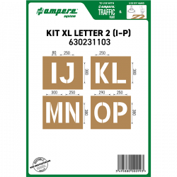4 pochoirs grandes lettres (I-P) en carton huilé renforcé pour la signalisation des sols.