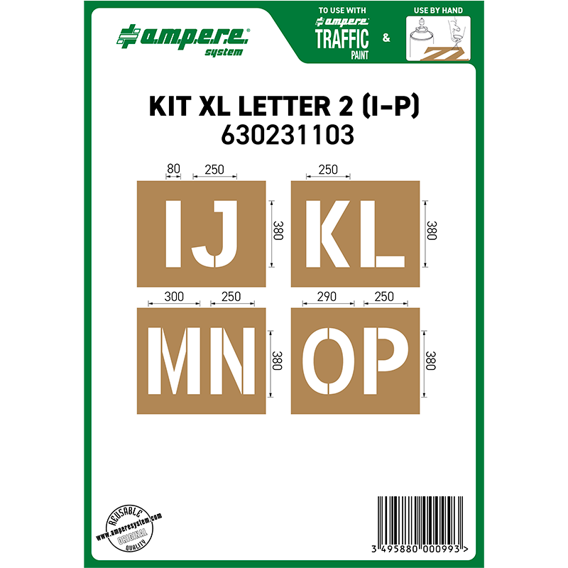 4 pochoirs grandes lettres (I-P) en carton huilé renforcé pour la signalisation des sols.