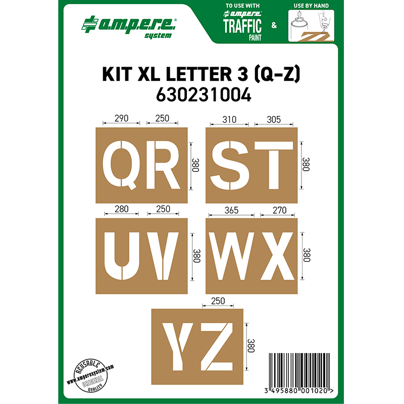 5 pochoirs grandes lettres (Q-Z) en carton huilé renforcé pour la signalisation des sols.